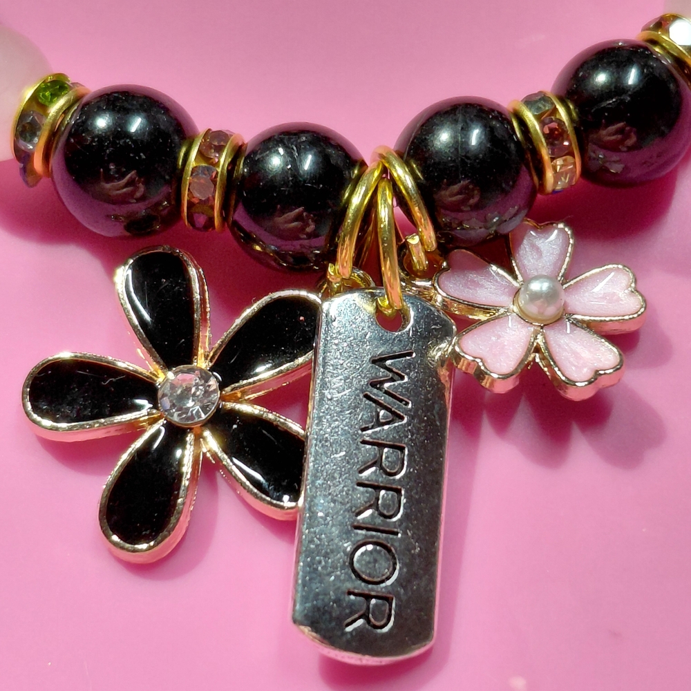 Black Tourmaline & Rose Quartz Bracelet with Flower & Warrior Charms - Picture 3 of 4